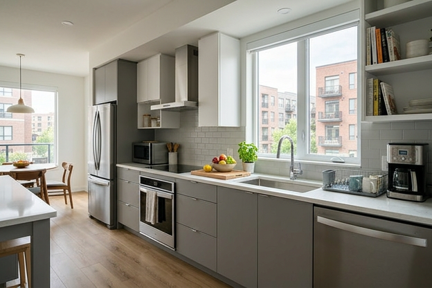Kitchen inspiration showing neutral grey cabinets, generous countertops and wood flooring