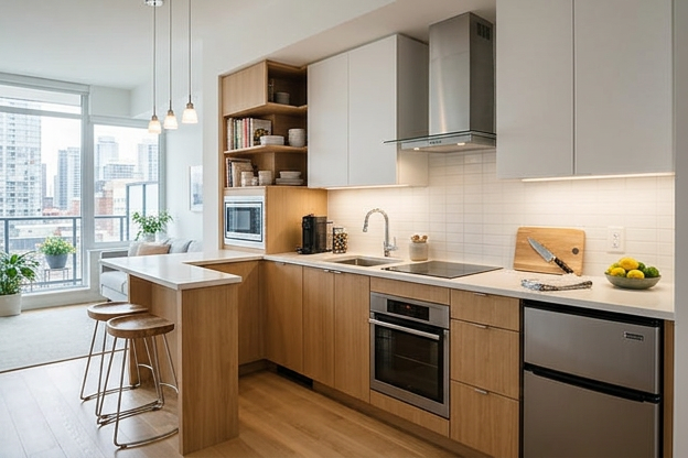 Kitchen inspiration with wood-look lower cabinets, neutral upper cabinets and compact island seating