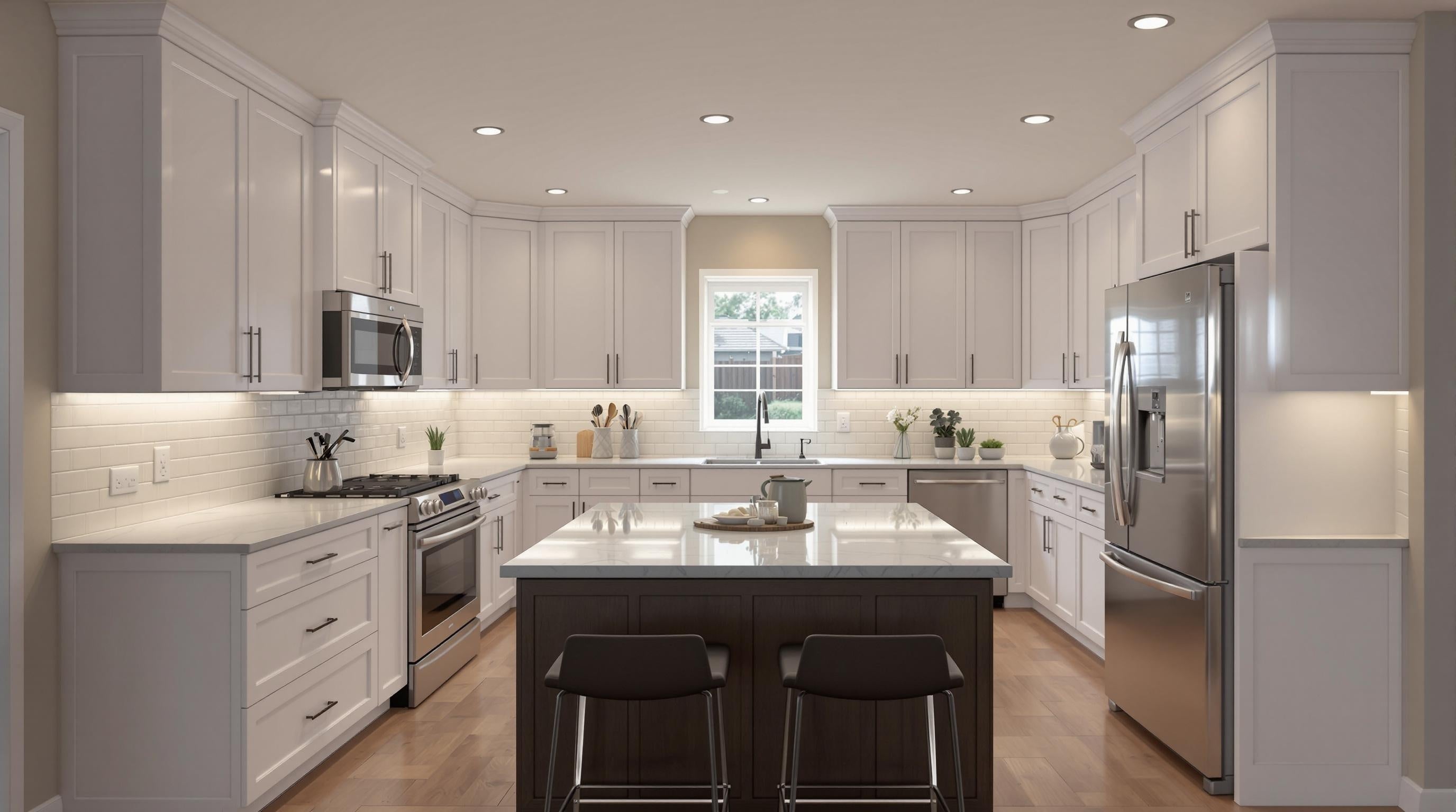 3D visualisation of a white kitchen with an island