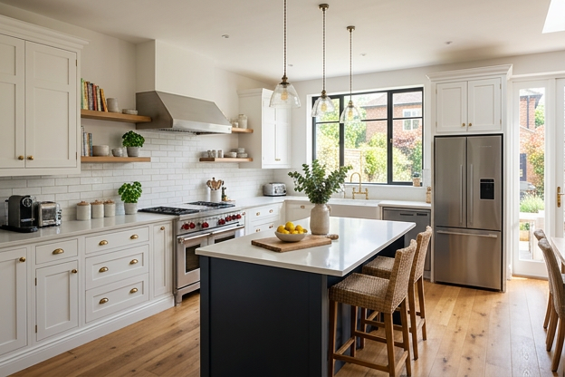 Kitchen inspiration with white shaker cabinets, a dark island, wood flooring and a tile backsplash